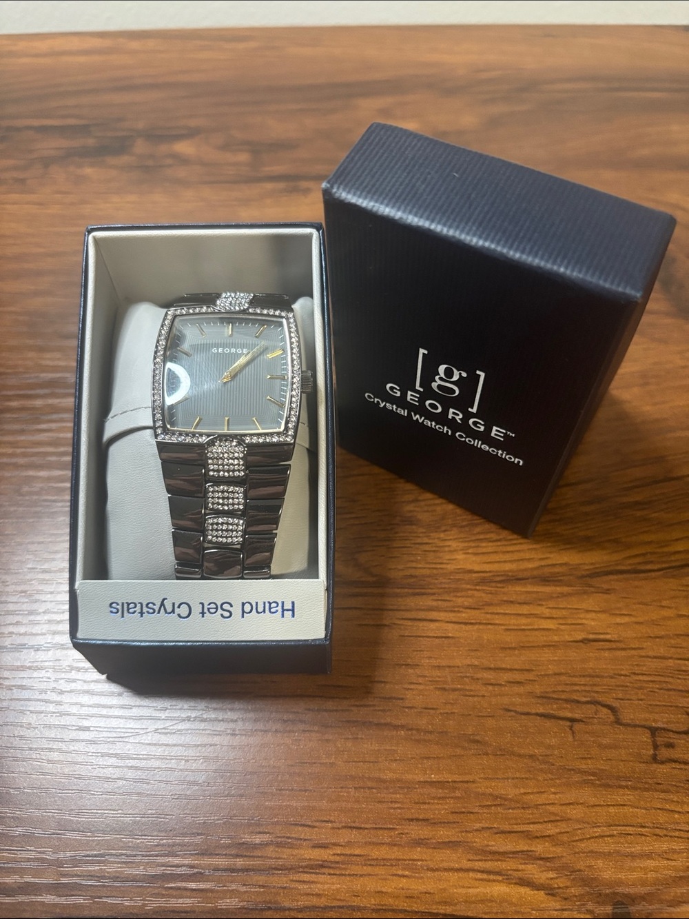 George Silver-Tone Crystal Accent Rectangular Bracelet Watch